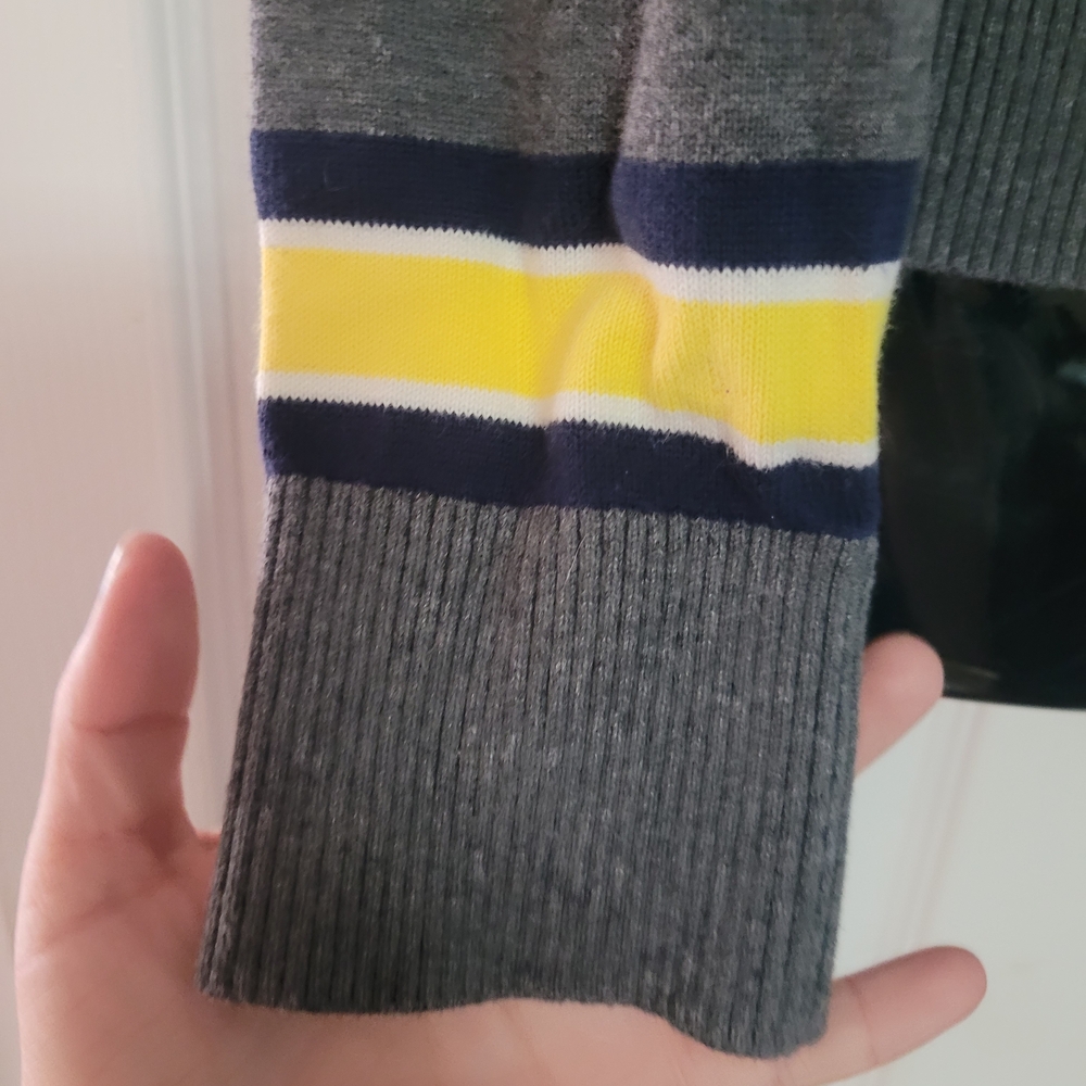 Gray Cardigan with Navy Trim and Yellow Stripes - Picture 2 of 12